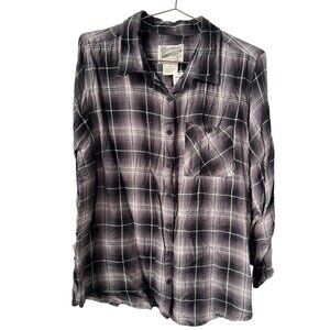 Overdrive Plaid Button Down Shirt Womens XL Black White Rayon Western Ranch NEW